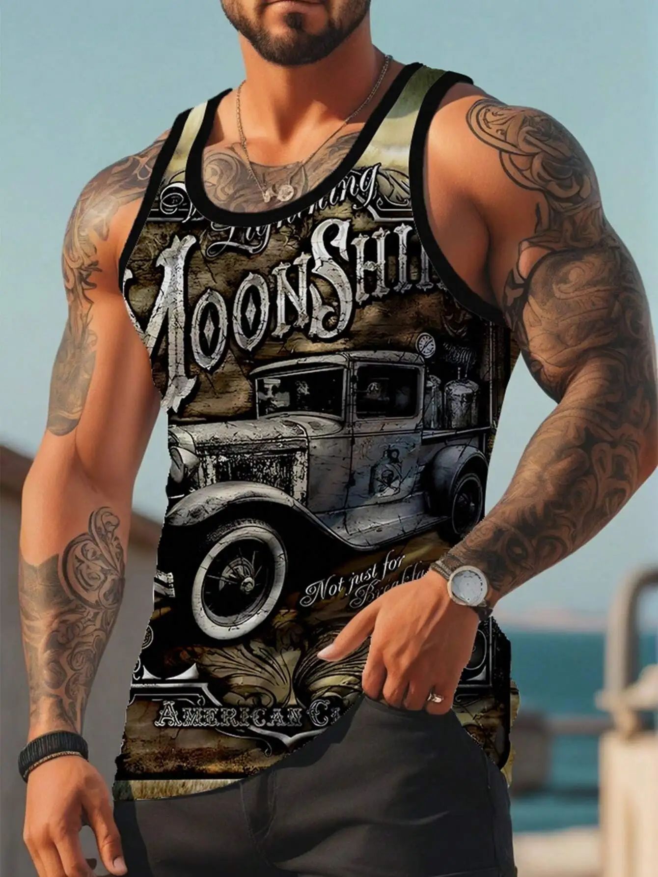 

Men's Vintage-Style Sleeveless Tank Top with Classic Car Graphic Print
