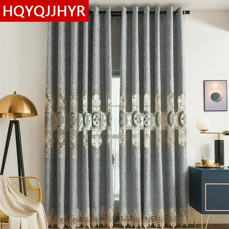 

European Style High-quality Blue Three-dimensional Embroidered Curtains for The Living Room Gray Curtain for Bedroom Dining Room