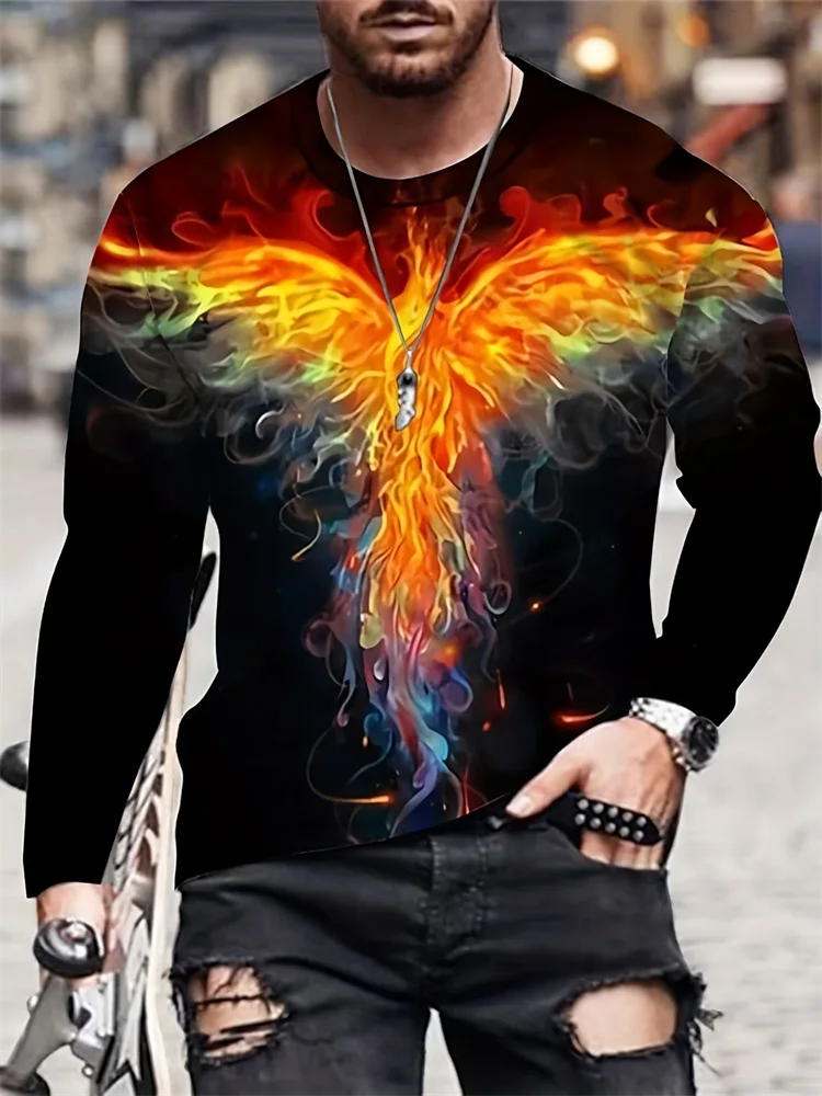 Men's Phoenix Long Sleeve T-Shirt 3D Colorful Flame Wing Graphic Tee Mythical Fantasy Bird Streetwear Casual Pullover Tops