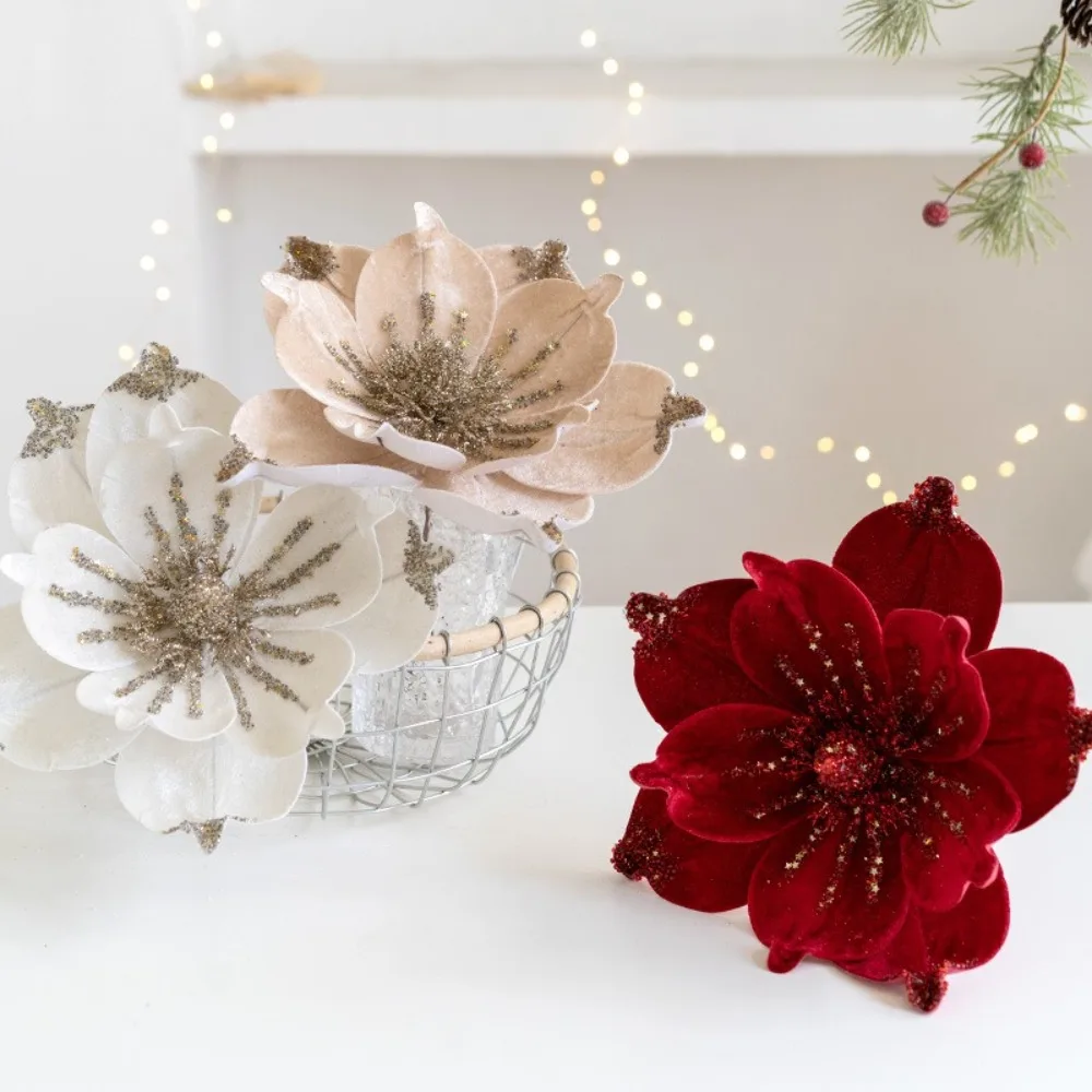 Christmas Artificial Poinsettia Glitter Flower 25cm Flannel Fake Flowers Photography Props Sequin 3D Simulation Magnolia