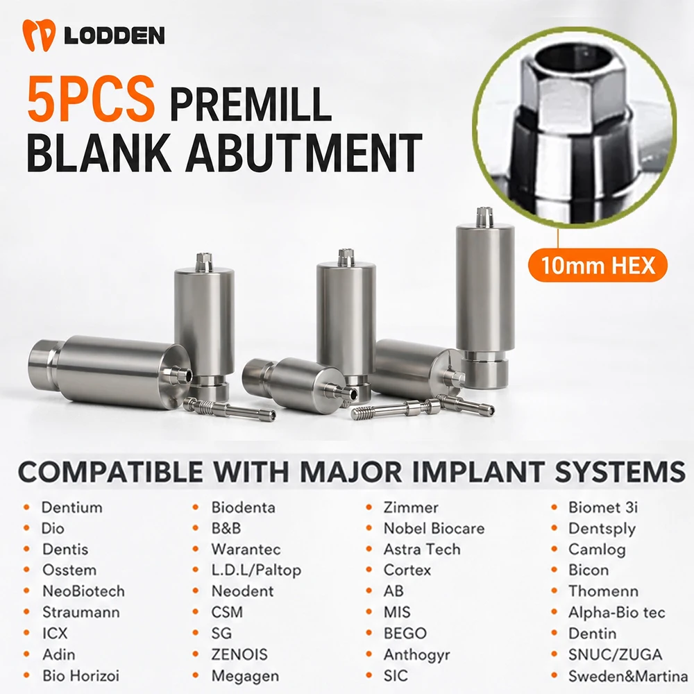 5PCS 10mm Dental Premilled Abutment Hex CAD/CAM Zirconia Titanium for Osstem Dentium DIO Megagen Dental Implant Abutment
