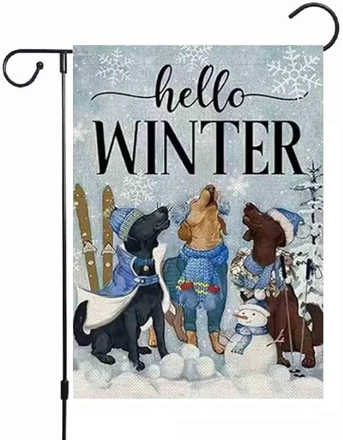 Hello Winter Garden Flag 12 X 18 Inch Vertical Double Sided, Christmas Dog Snowman Flags Burlap Small House Yard Flag For Outdoo