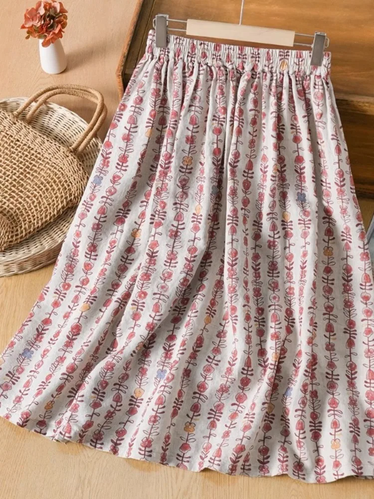 

Летняя льняная юбка с цветочным принтом, женская юбка-миди трапециевидной формы, утягивающая юбка-зонтик, нежная ветровая хлопковая льняная юбка