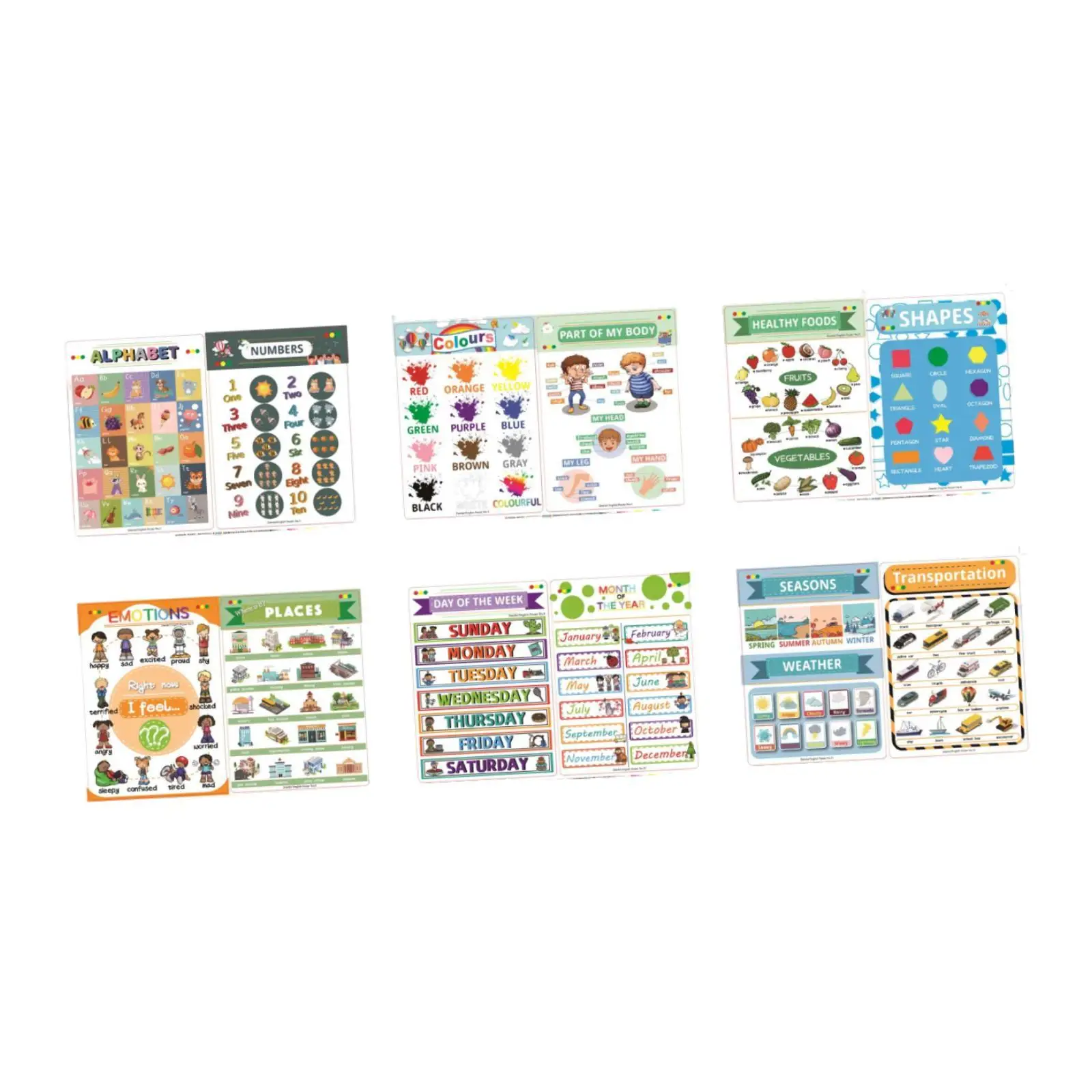 Posters educacionais parede para Kindergarten, Gráficos Aprendizagem, 12 PCs