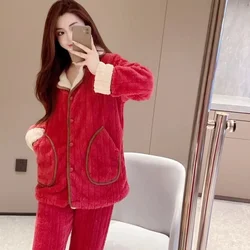 Coral Velvet Pajamas For Women Plush and Thick Insulation For Middle-Aged Women Autumn Winter 2023 Two-piece Flannel Home Set