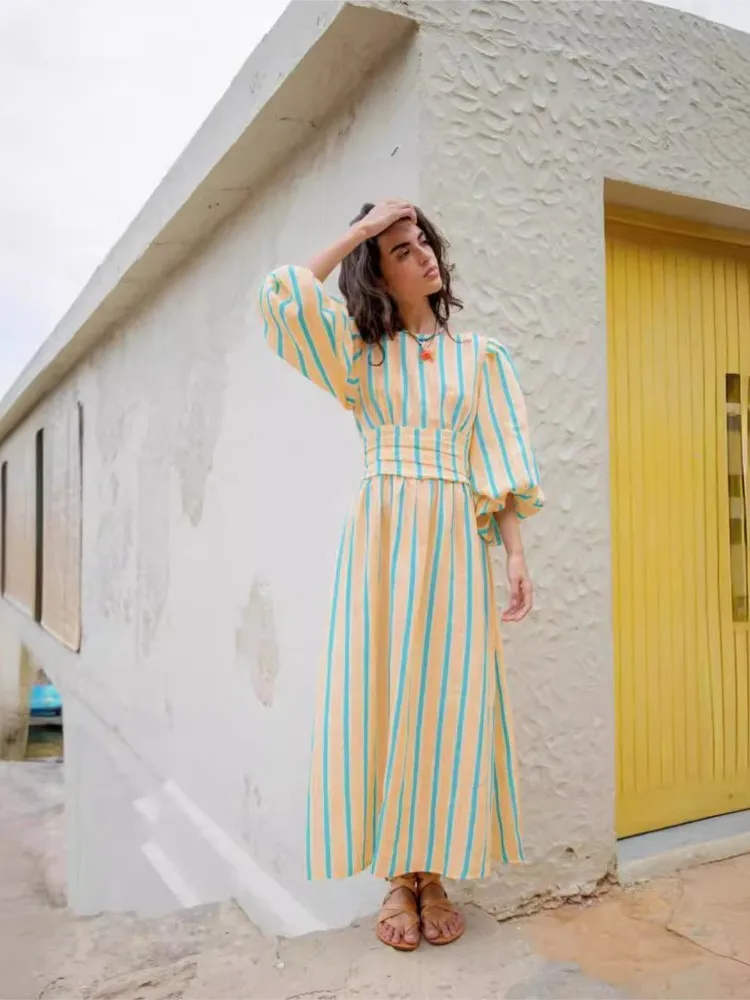 

Womens Puff Sleeve Long Dress Boho Backless Tie Waist Long Dresses Bohemian Dress Simple Style Ropa De Mujer High Waist Dresses