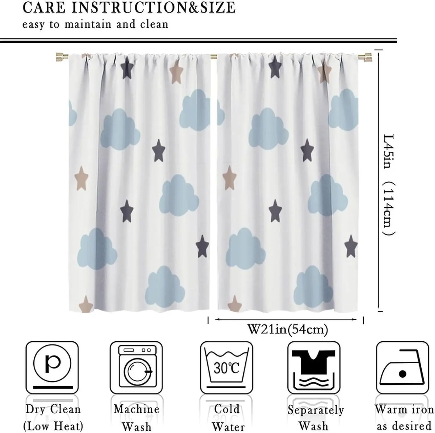 Sky Star Cloud Window Curtain 2 Panels, Soft Blue Cloud Neutral Star Minimal Pattern, Drapes for Toddler Playroom Gentle Curtain