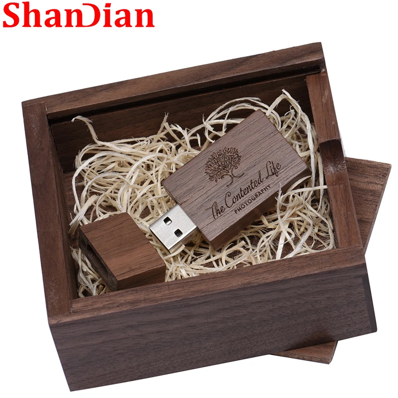 SHANDIAN Wooden Photo Album USB Flash Drive 128GB Free Customized Logo Pen Drive Wedding Gift Box Memory Stick (105*105*40mm)