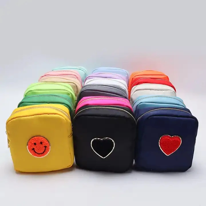 Customize DIY Letters Patch Heart Pearl Rhinestone Nylon Durable Waterproof Pouch Makeup Case Nylon Travel Cosmetic Bag