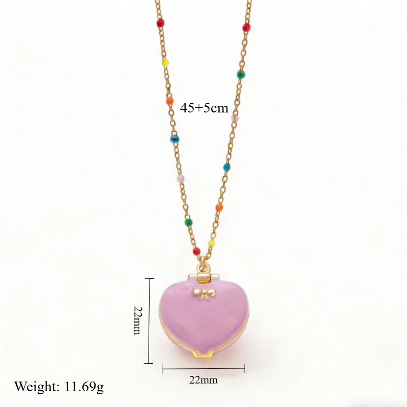 Niedlicher, herzförmiger, offener Bilderrahmen-Anhänger in Rosa, 14K vergoldete Messing-Halskette und Ring, geeignet für Frauen. – Detail 6