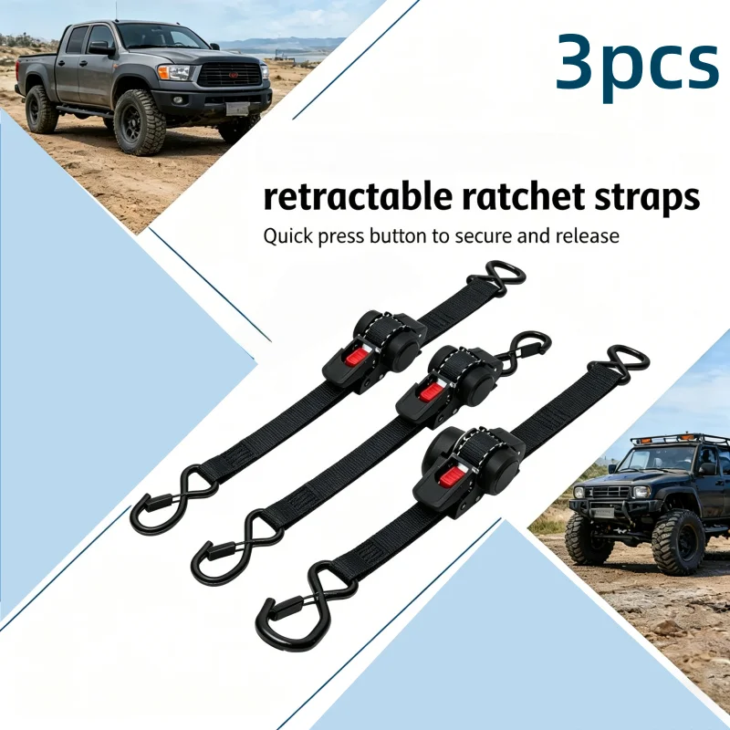 

3-Piece Retractable Ratchet Rope with Automatic Retraction, Thickened Wear-Resistant Webbing, and S-Hook for Stable Load-Bearing