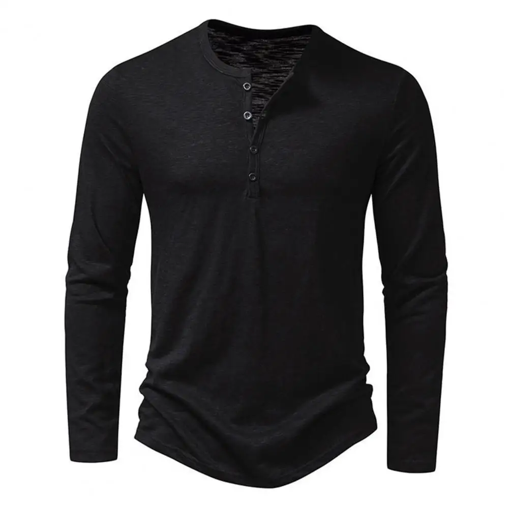 2024 Cotton Men's Button Neck Shirt Long Sleeve Casual Button Solid Color Fashion T Shirts Slim Fit Bottoming Tee Shirt