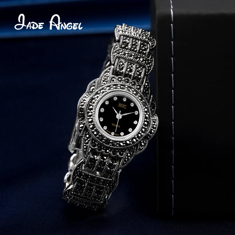 Jade Angel 32MM Thai Sterling Silver Quartz Watch Marcasite Bracelets for Women Luxury 2022 Trend New Jewelry Accessories