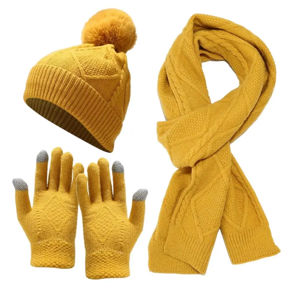 Solid Color Hat Scarf Gloves Set Men's Winter Hat Scarf Gloves Set Thick Knitted Warm Elastic Ear Protection Windproof Outdoor