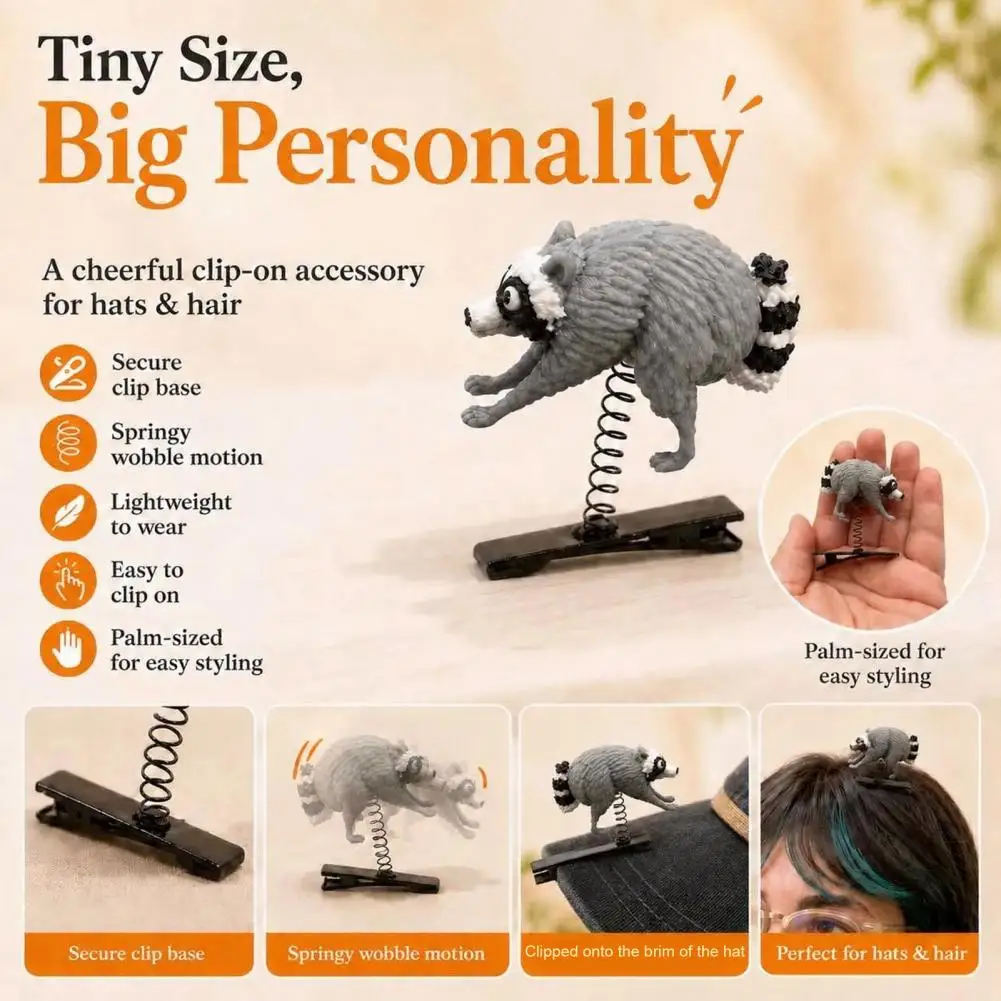 Cute Hairpin Bouncing Raccoon Hair Clip for Women Girls Plush Hairpin for Cosplay Parties Realistic Raccoon Headwear Accessory