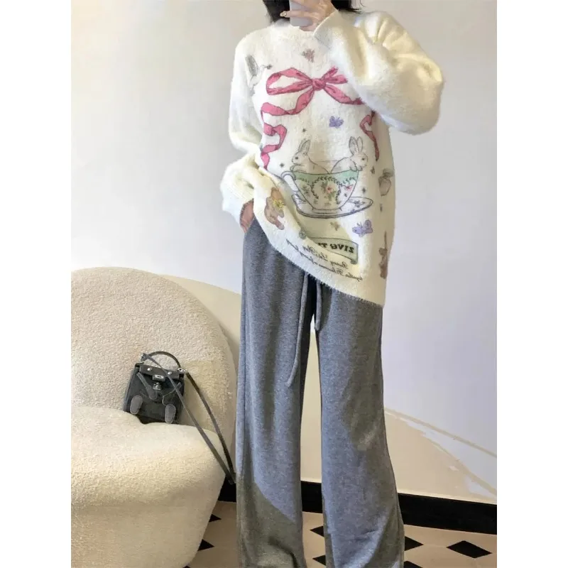 Vintage Y2K Cartoon Rabbit Printed Sweater for Girls Loose Oversized Knitted Pullover Soft Comfortable Winter Clothes