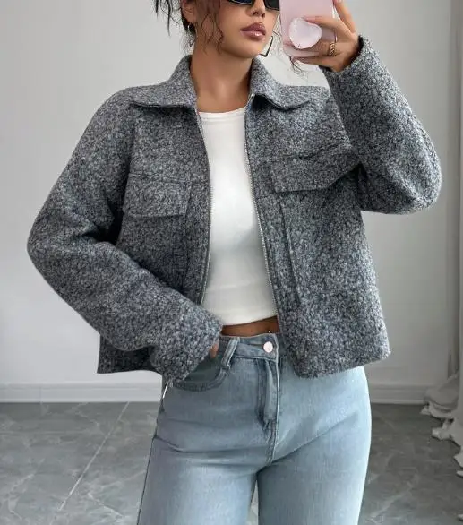

Women's Jacket 2025 Spring Autumn New Solid Color Elegant Long Sleeved Turn-Down Collar Flip Details Casual Crop Jacket Coat