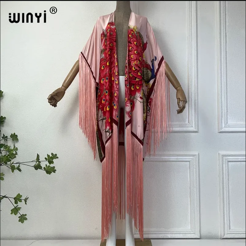 WINYI Kimono Summer Beach Bikini Cover-up Sexy Tassel Cardigan Holiday Long Sleeve Maxi Dress Beach Wear Women 2025 Poncho Coat
