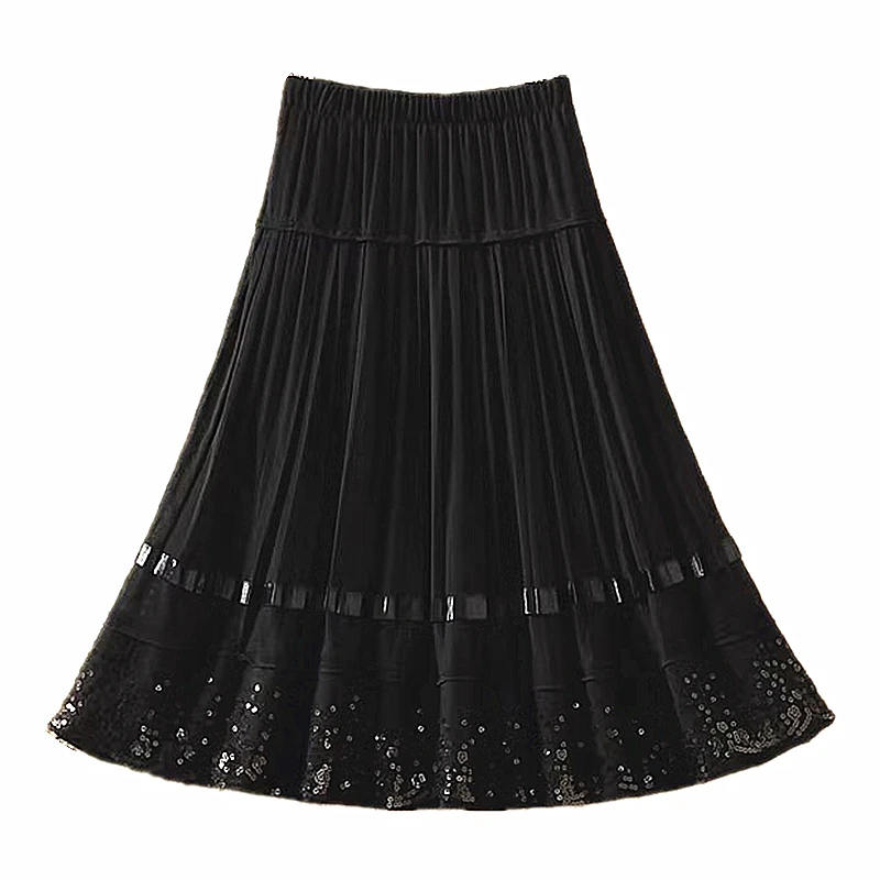 

Women's Vintage Black Voile Pleated Skirts Women Female Sweet Lady Sequined Soft Lithe Cozy Classic Stretchy Elasticity Chic