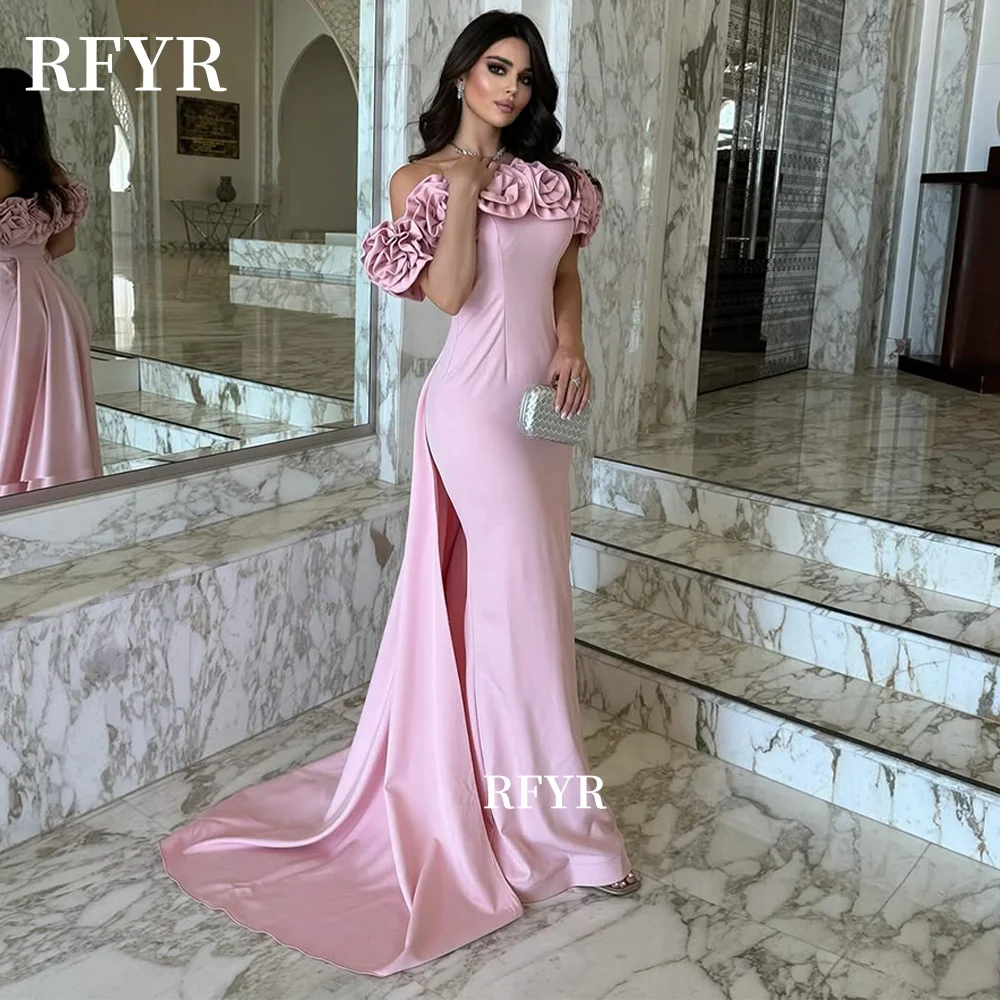 

RFYR 3D Flower Party Dress Off Shoulder Evening Dress for Arabic Women Mermaid Prom Dress Celebrity Gown vestidos Customized