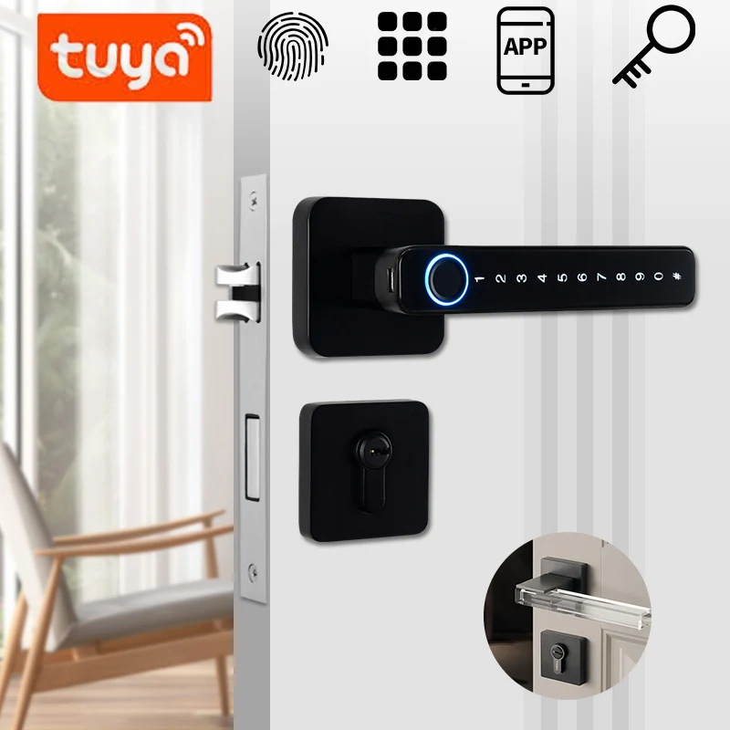 Top Smart Door Handle Fingerprint Password Remotely Unlock Digital Lock Tuya App Keyless Entry for Doors Smart Electronic Lock