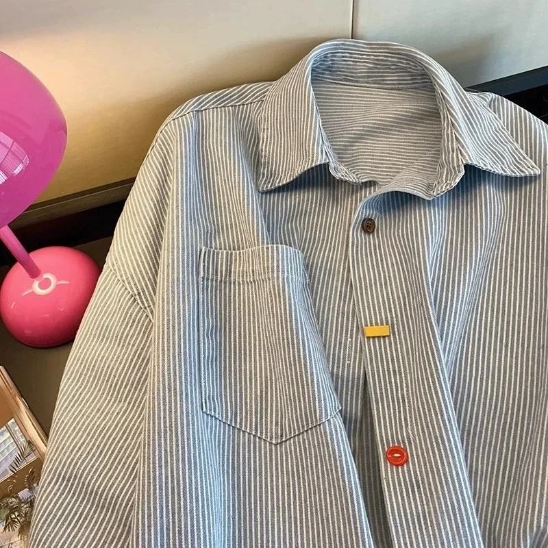 2025 Vintage Stripes Loose Polo Collar Shirt for Women Spring Long Sleeved Tops Woman Blouses