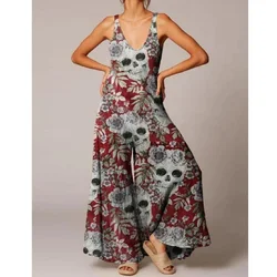 Women Overalls Jumpsuits Skull Print Summer Fashion Mid-Waist Loose V-neck SLeeveless Lady Streetwear Casual Wide-leg Pants