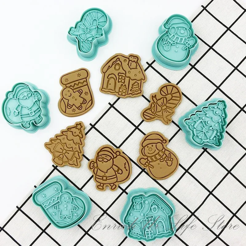 6Pc Christmas Cookie Cutter Cartoon Santa Snowflake Bell Fondant Biscuit Embosser Stamp DIY Baking Mold Christmas Party Supplies