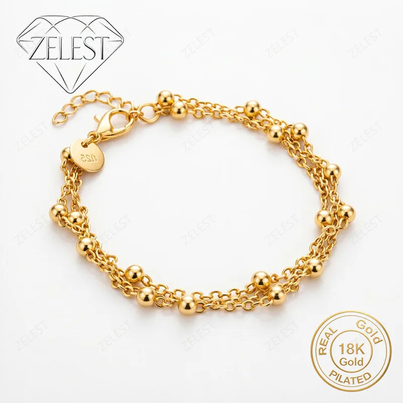925 Sterling Silver 18K Gold Plated 8 Inch Exquisite Double Layer Ball Bead Bracelet Women's Fashion Wedding Party Jewelry