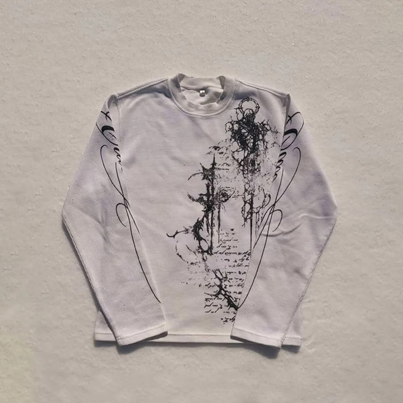Autumn and Winter Retro Gothic Dark Style Y2K Long Sleeved Printed Waffle High Street Casual Pullover T-Shirt