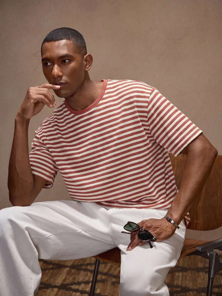 AKNOTIC Business Casual Men's Striped Crew Neck Tee, Relaxed Fit Short Sleeve. Pair With Drawstring Pants For A Coastal