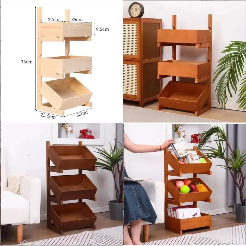 Modern Solid Wood Multi Grid Storage Rack for Kitchen Living Room Study Vegetable Fruit Display Organizer Shelf