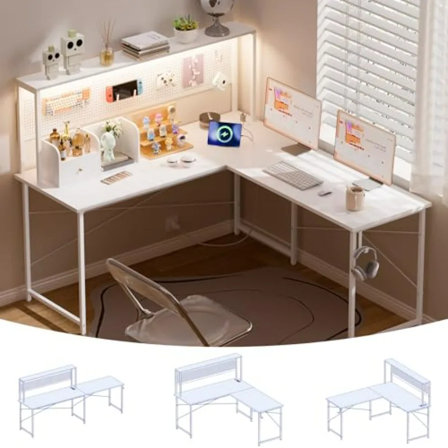 

Игровой компьютерный стол L-образной формы 60 дюймов с LED-подсветкой и розетками, реверсивный угловой стол с перфорированной панелью и полками для хранения