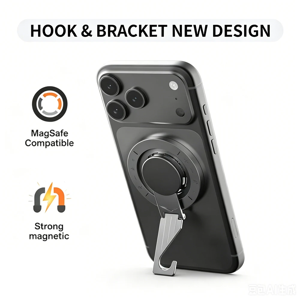 Metal Magnetic Desktop Ring Stand Single Fold Hook Compatible with MagSafe Adjustable Angle For iPhone Samsung Android