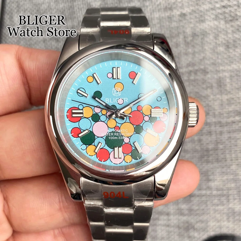 BLIGER Blue Pink Green 36mm 39mm Polished Bezel NH35A PT5000 Automatic Men Watch Bubble Dial Steel Bracelet Sapphire 2023 New