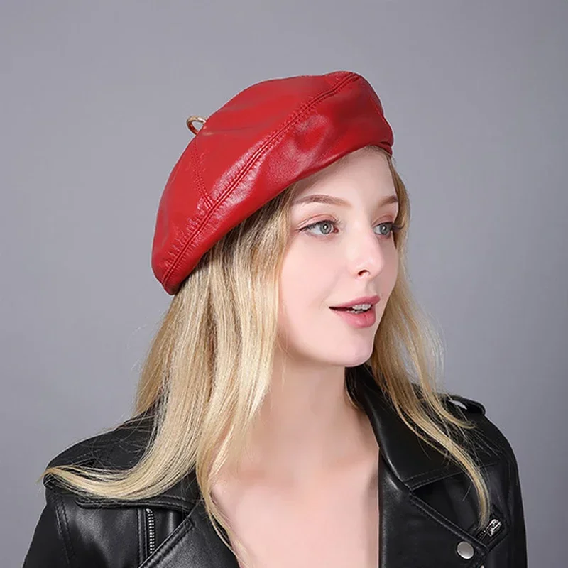 2025 Spring 100% Real Leather Beret Hat Women Fashion European Pumpkin Painter Caps Female Rainbow Color White/Red