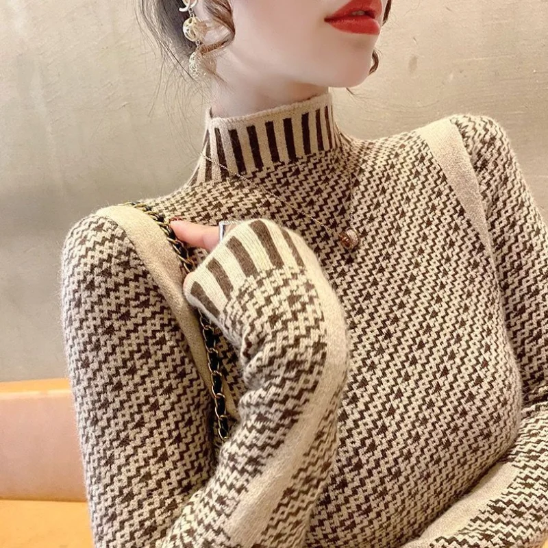 Sweater Jacquard kerah tinggi setengah tinggi wanita, atasan lengan panjang lebih tipis tampilan hangat santai musim gugur dan musim dingin