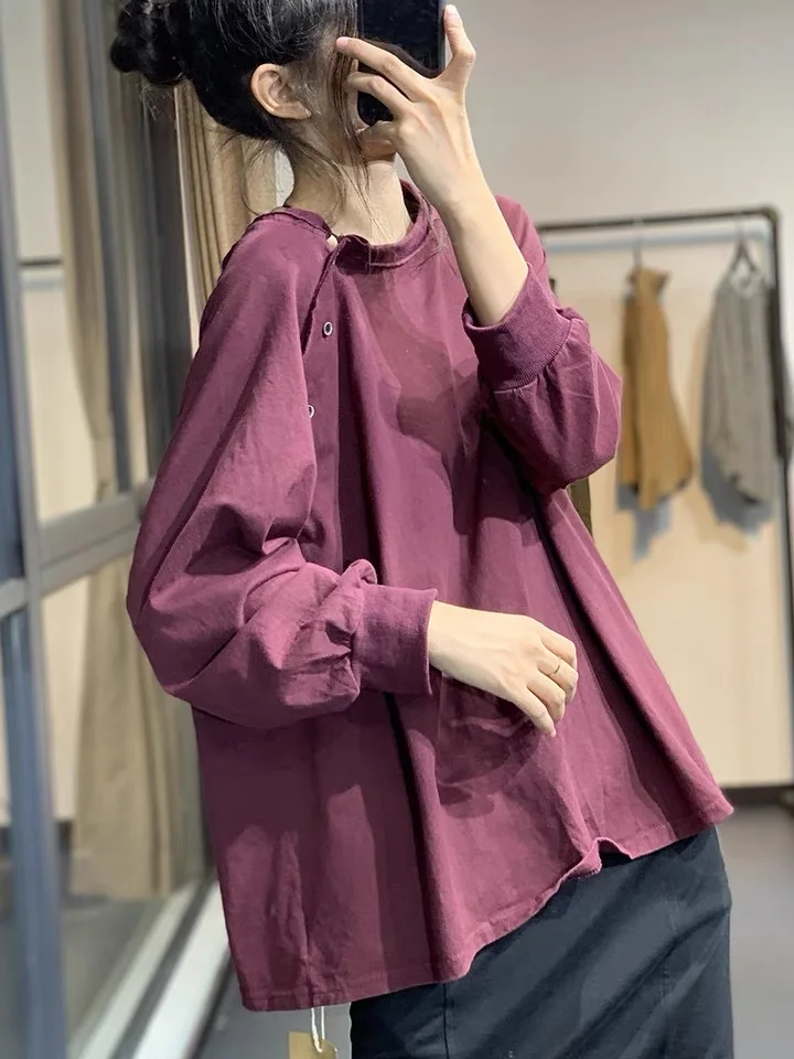 

Свободная повседневная женская футболка из бамбукового хлопка Imperfect Asymmetrical Slanting irt Commute Sle Long Sve round Ne Pure Color