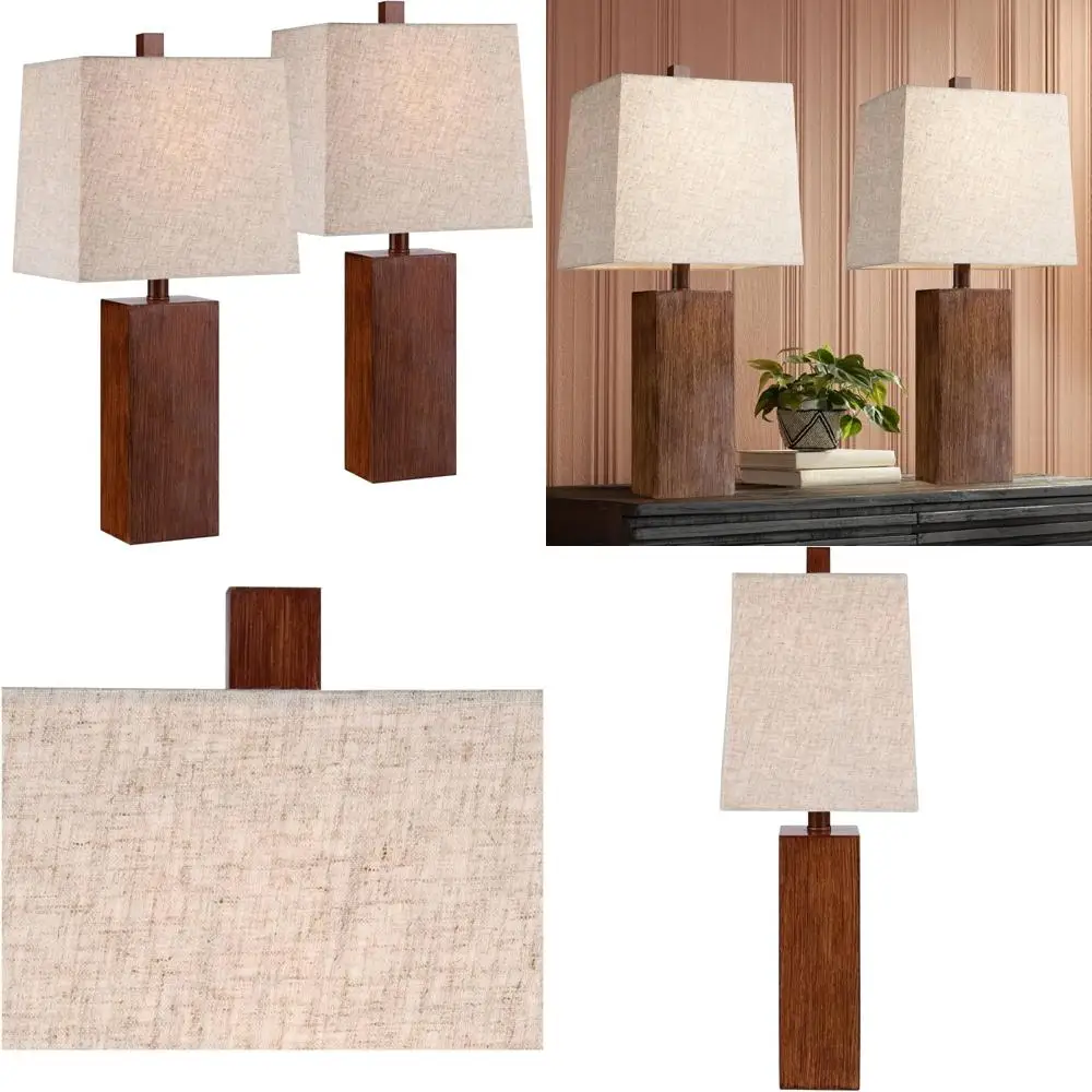 مجموعة مصابيح طاولة مميزة مكونة من قطعتين، تصميم عصري مستطيل، غطاء قماش بني تان، 23 طويلًا، خشب صناعي، مناسب لغرفة النوم L