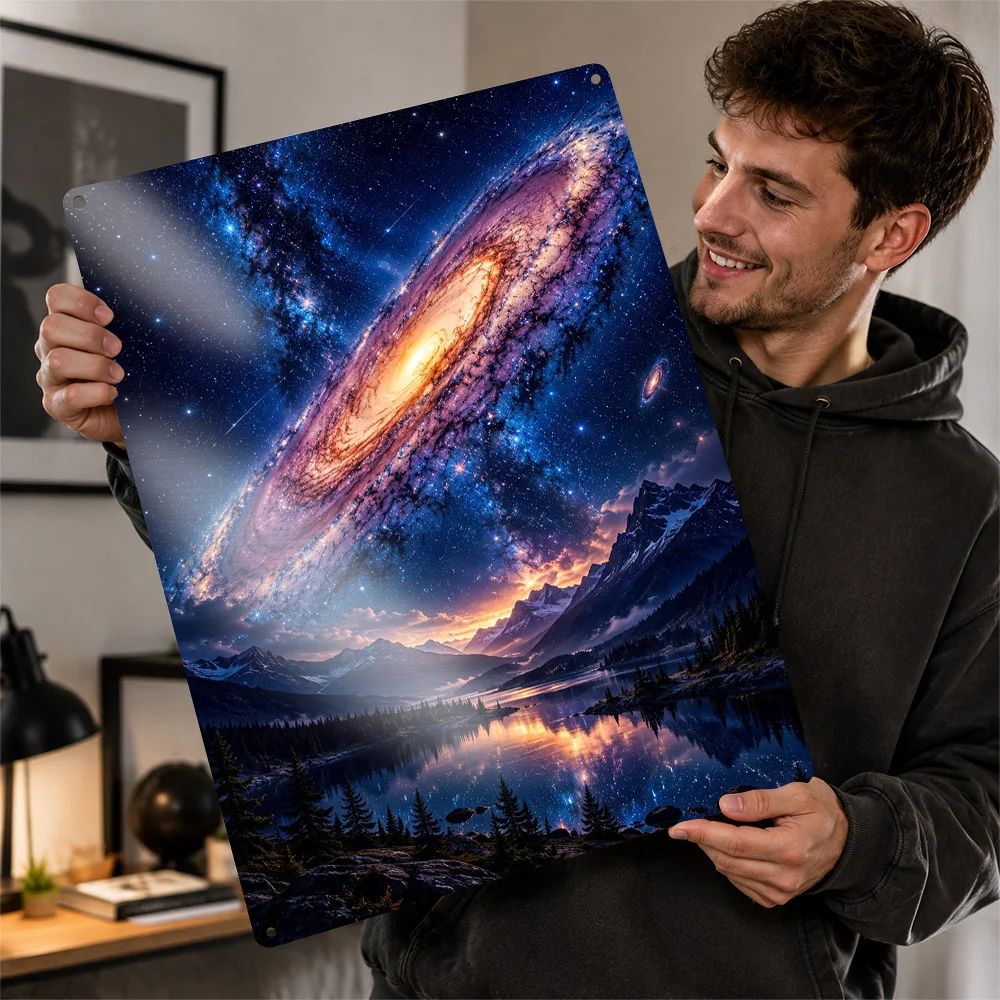 Galaxy Above Mountain Lake Aluminum Poster Scenic Wall Art For Living Room Or Entryway Customized Metal Sign Housewarming Gift
