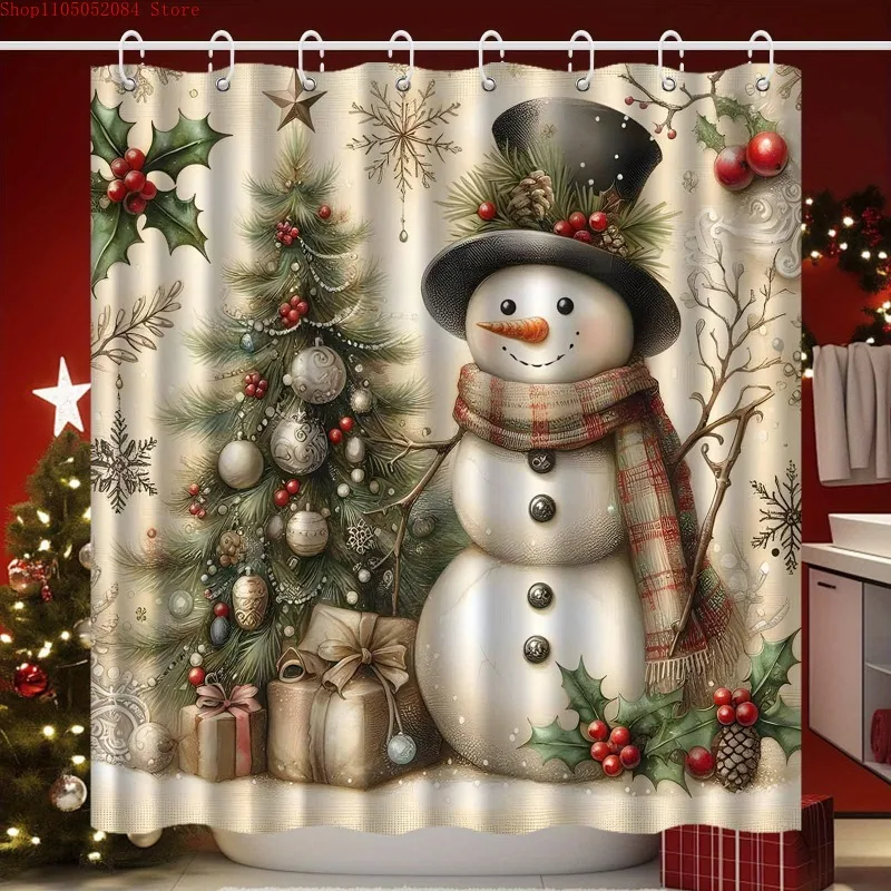 jit1pc vintage christmas snowman shower curtain christmas  -   With Hooks Waterproof Mildew Proof Easy Install Washable
