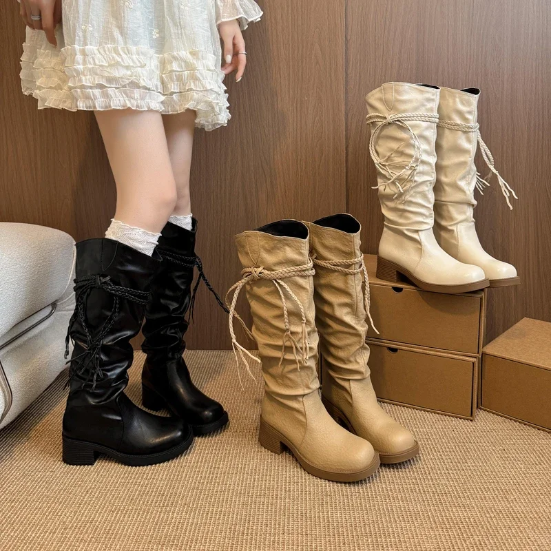 

Winter Vintage Tassel Women Knee High Boot Concise Square Heels Shoes Ladies Pleated Knight Long Booties