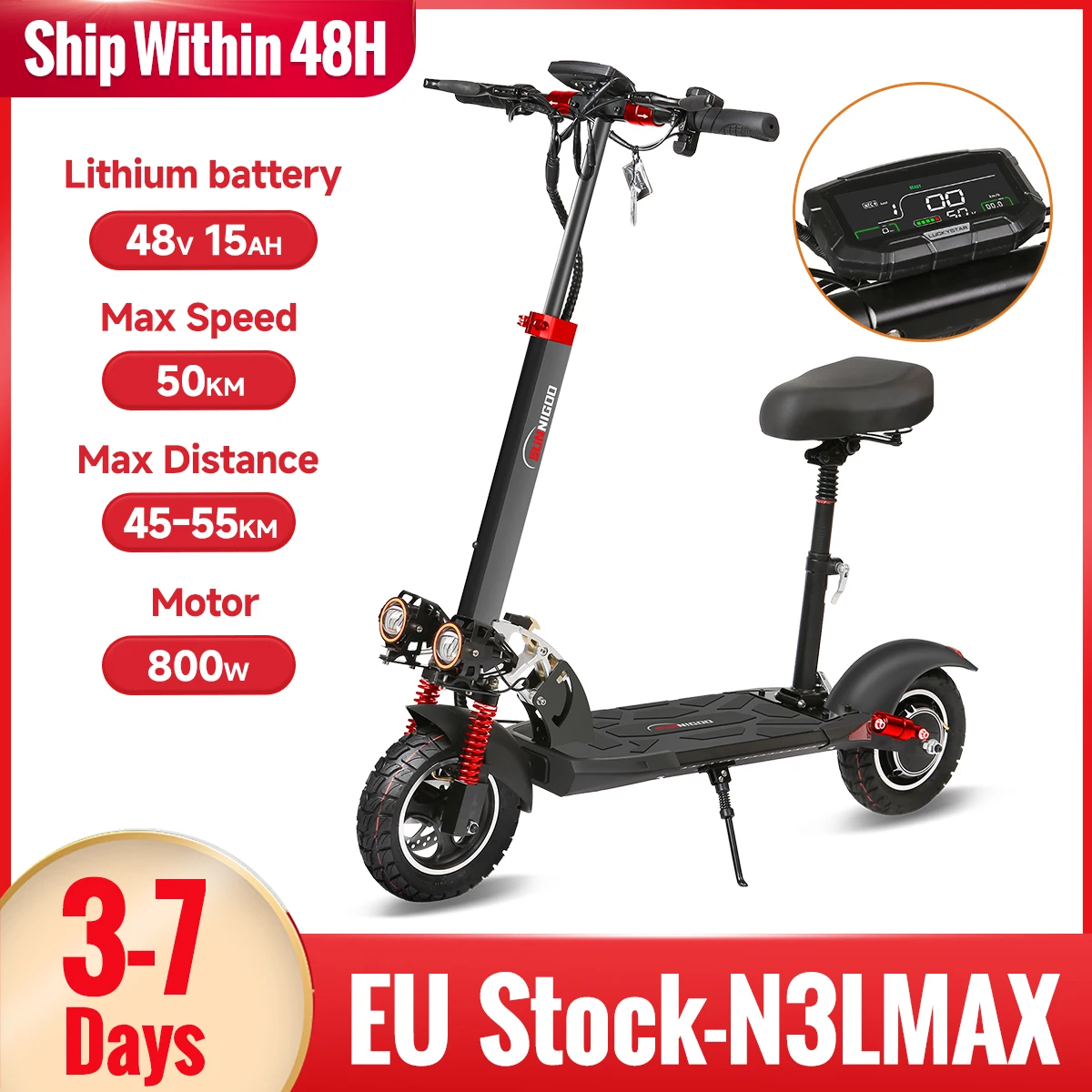 N3LMAX Scooter elettrico 48V 15Ah 800W Potente monopattino elettrico antiscivolo Pneumatico