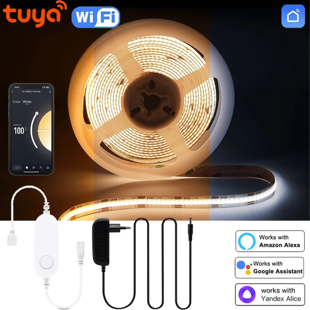 Tuya Smart WiFi Switch COB CCT LED Strip Light 24V 1-5M Dimmable Cupboard Lamp LED Tape for Room Kitchen Decor for Alexa Google