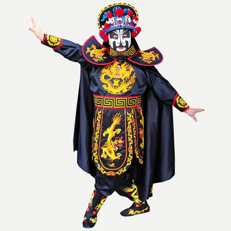 Traditional Chinese Sichuan Opera Face Changing Costume Black Golden Dragon Embroidery Full Set with Headgear Boots Fan view 5