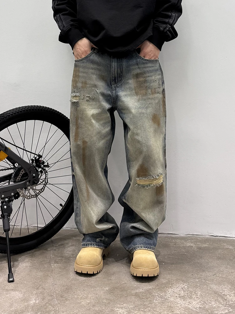 

Mud Dye Waed Straight Leg Men's Jeans Trendy High Street Post Aalyptic Sle Hole Punch Casual Pants Youthful Energy