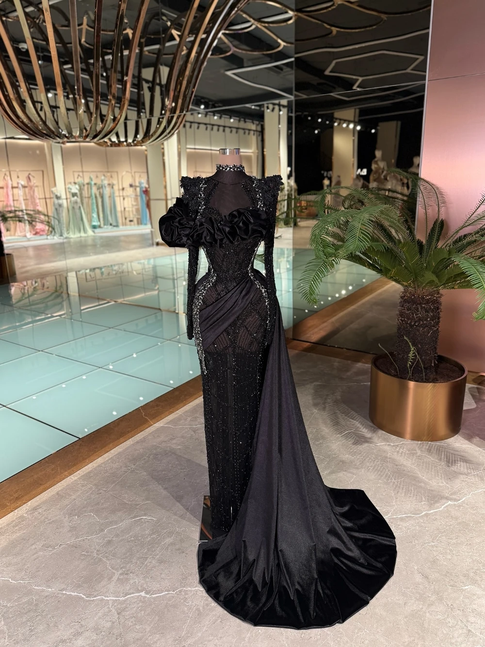 Black Ruffles Luxe Beading Evening Dress Sparkling High Neck Popular Cocktail Gown Customized Formal Prom Crystals Sexy Wear