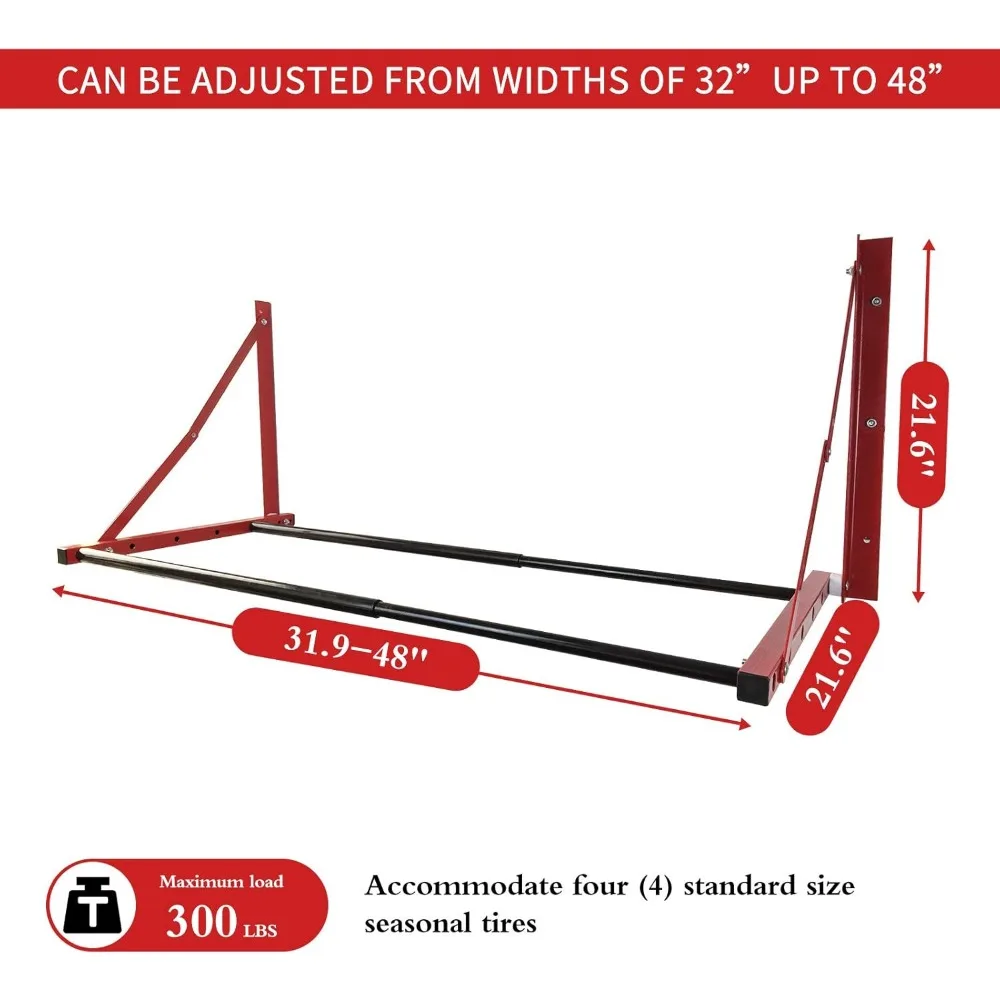 Rack de pneus dobrável para montagem em parede para rodas de carro, ajustável 32"-48", vermelho, comporta até 300 LBS