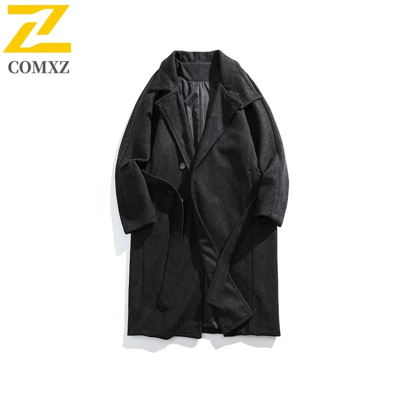 COMXZ 2025 Men Wool Blend Mid-Length Jacket Autumn Winter Waterproof Windproof Solid Color Outerwear Street Style Tactics Coat