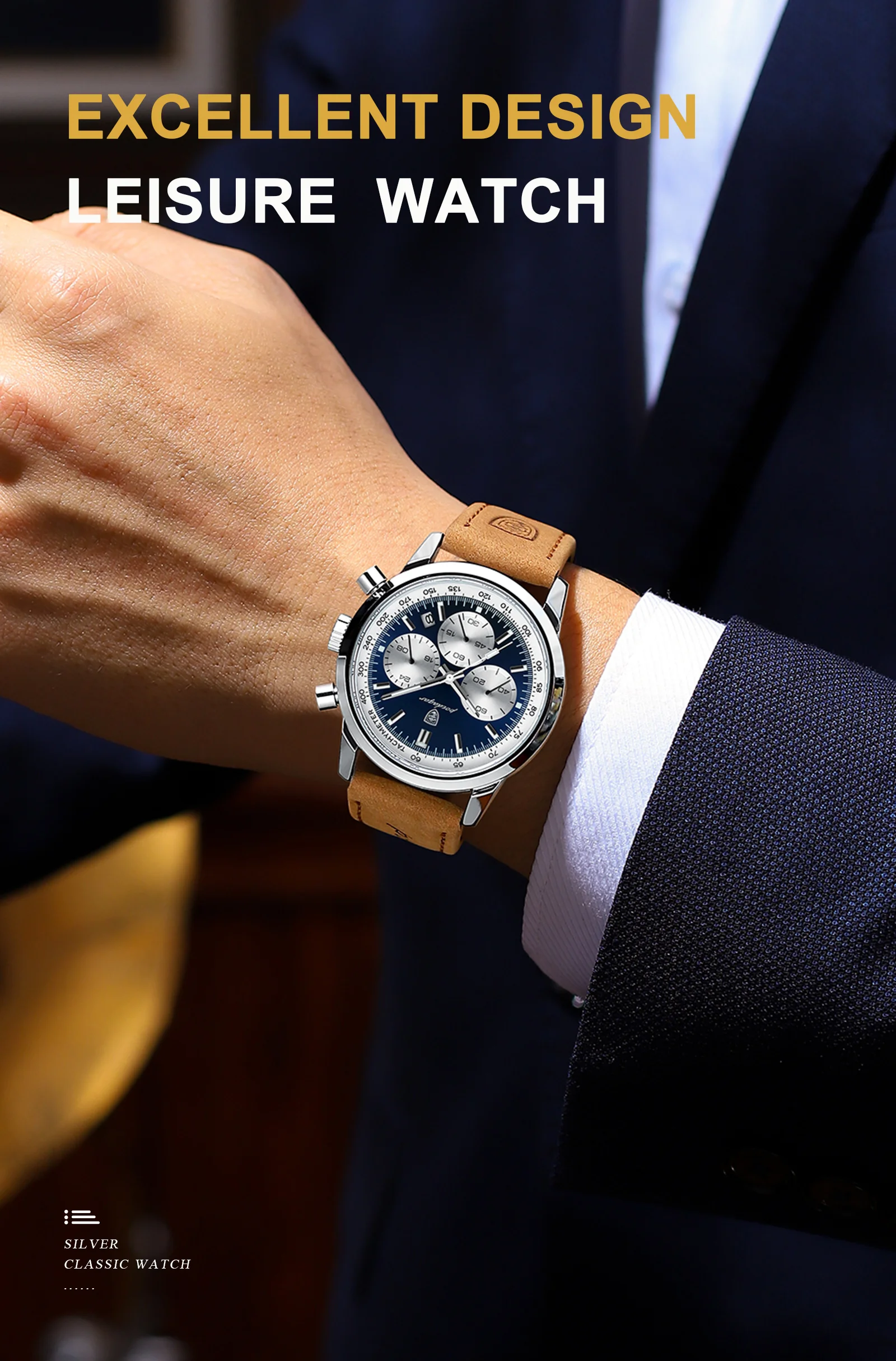 POEDAGAR Modische Herrenuhr Wasserdicht Leuchtend Leder Casual Herren-Armbanduhr Chronograph Hochwertige Herren-Quarzuhren Reloj – Detail 5
